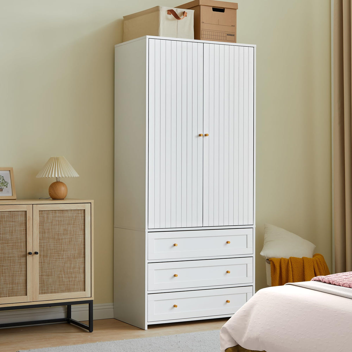 PHOYAL Wardrobe Closet Armoire, 71 "Wardrobe Armoire Wooden Closet with 4 Doors, 6 Drawers Household Freestanding Wooden Closet Storage Cabinet for Bedroom, White - 2 PHOYAL