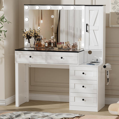 PakaLife Vanity Desk with Mirror and Lights, Glass Tabletop Makeup Vanity with Drawers, Charging Station, Cabinet, Farmhouse Vanity Table with Storage Bench for Bedroom, White - WoodArtSupply