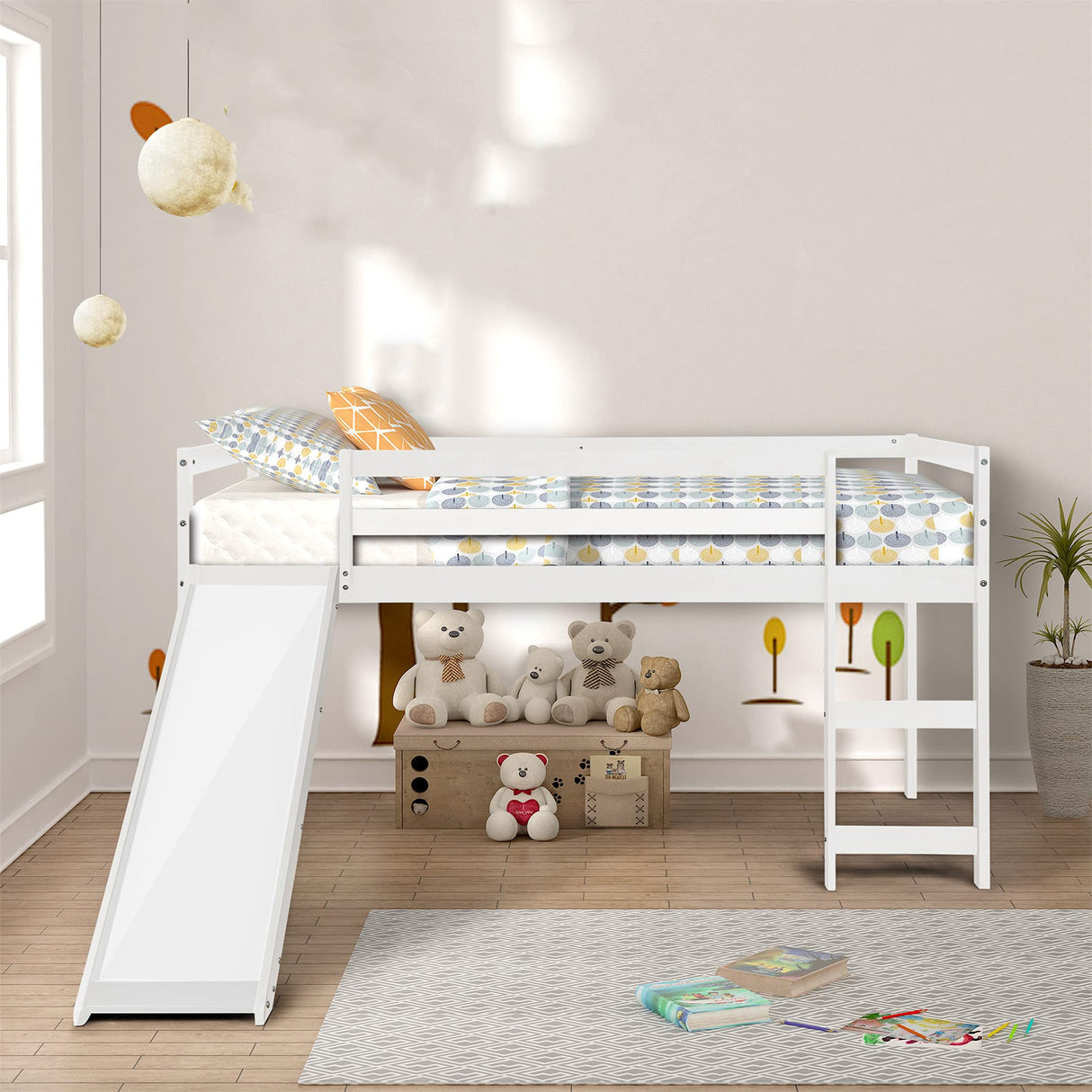 Harper & Bright Designs Kids Low Loft Bed with Slide, Twin Size Wooden Loft Bed Frame, White Harper & Bright Designs