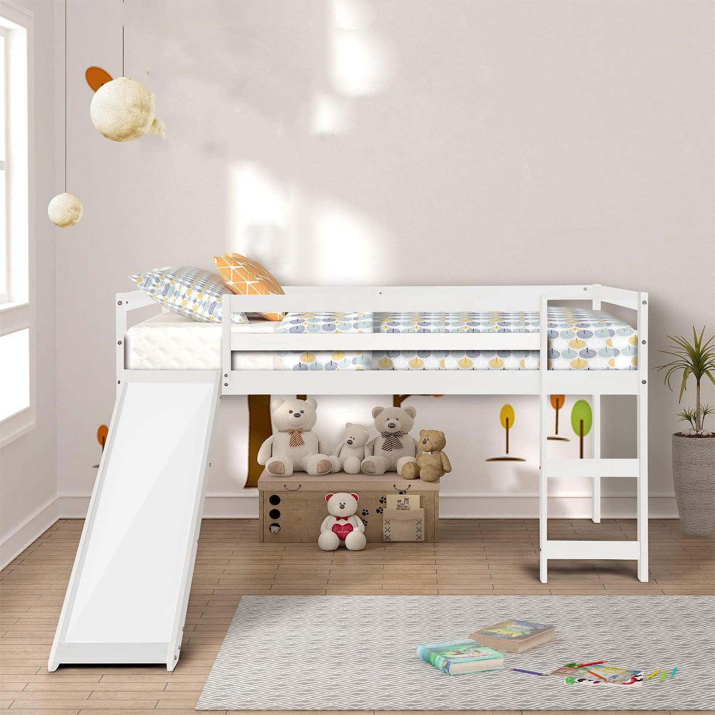 Harper & Bright Designs Kids Low Loft Bed with Slide, Twin Size Wooden Loft Bed Frame, White