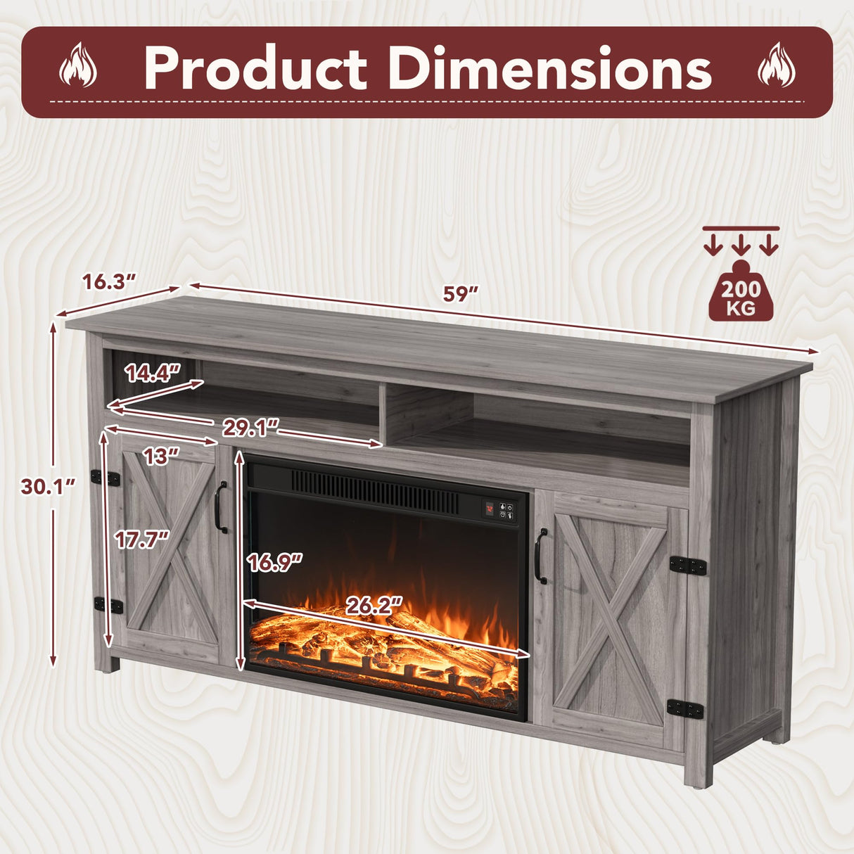 JUMMICO Fireplace TV Stand for TVs Up to 65+ Inch Entertainment Center with Open Storage Shelves and Side Cabinets, Media Console Table with Barn Doors for Living Room (Grey) JUMMICO