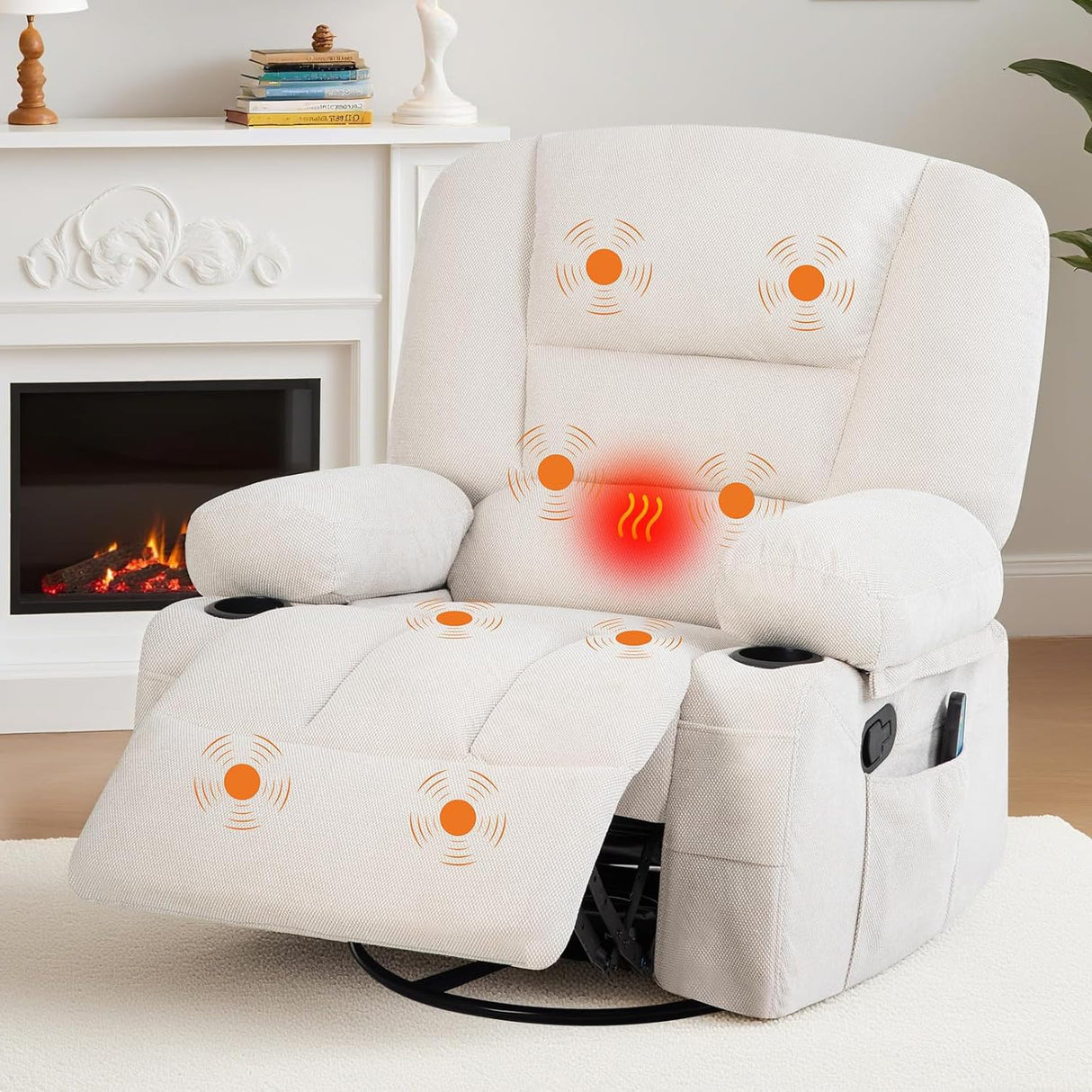PtioHavn 360° Swivel Recliner Chair with Heat ＆ Massage, Widen Overstuffed Single Sofa Lounge Chair with Side Pockets Cup Holders for Living Room,Bedroom, RV, White PtioHavn