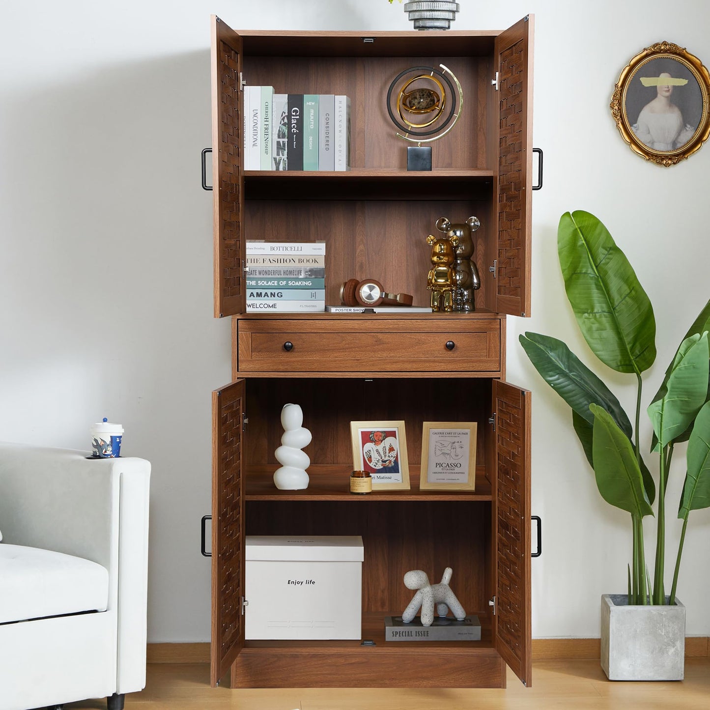 LEVNARY 72" Kitchen Pantry Storage Cabinet with 4 Woven Doors, Drawer and 4 Adjustable Shelves, Freestanding Cupboard Storage Cabinet for Living Room Kitchen (Walnut) - WoodArtSupply