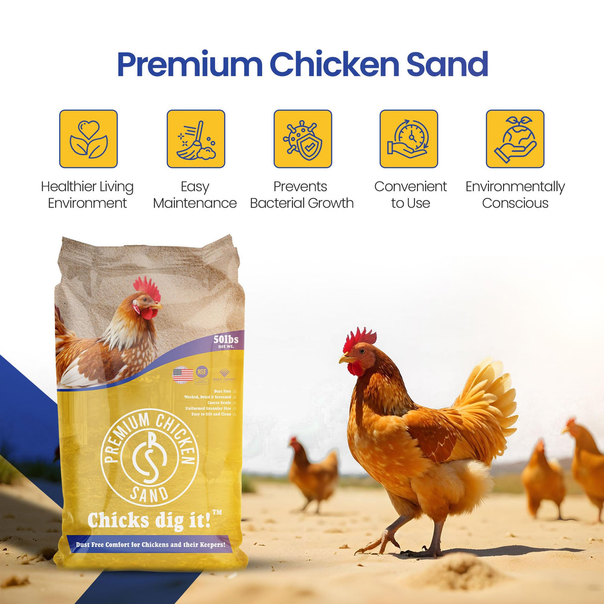 Premium Chicken Sand, 50 lb Bag Odor Eliminating Bedding for Chicken Coops, Nesting Boxes & Runs Premium Chicken Sand