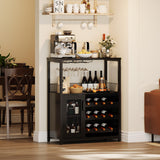 GarveeHome 3-Tier Wine Bar Cabinet with LED Lights, Detachable Wine Rack and Storage Space, Buffet Cabinet with Glass Holder and Mesh Door, for Kitchen, Living Room and Bar, Black GarveeHome