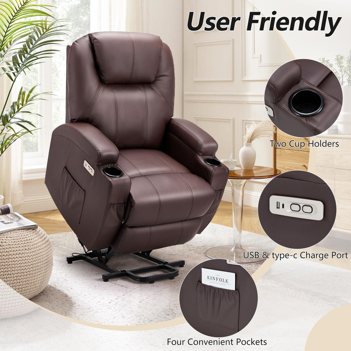 Esright Power Lift Recliner Chair for Elderly, Electric Lift Chair Sofa with Side Pockets, USB & Type-C Ports, Cup Holders, Brown, PU Leather Esright