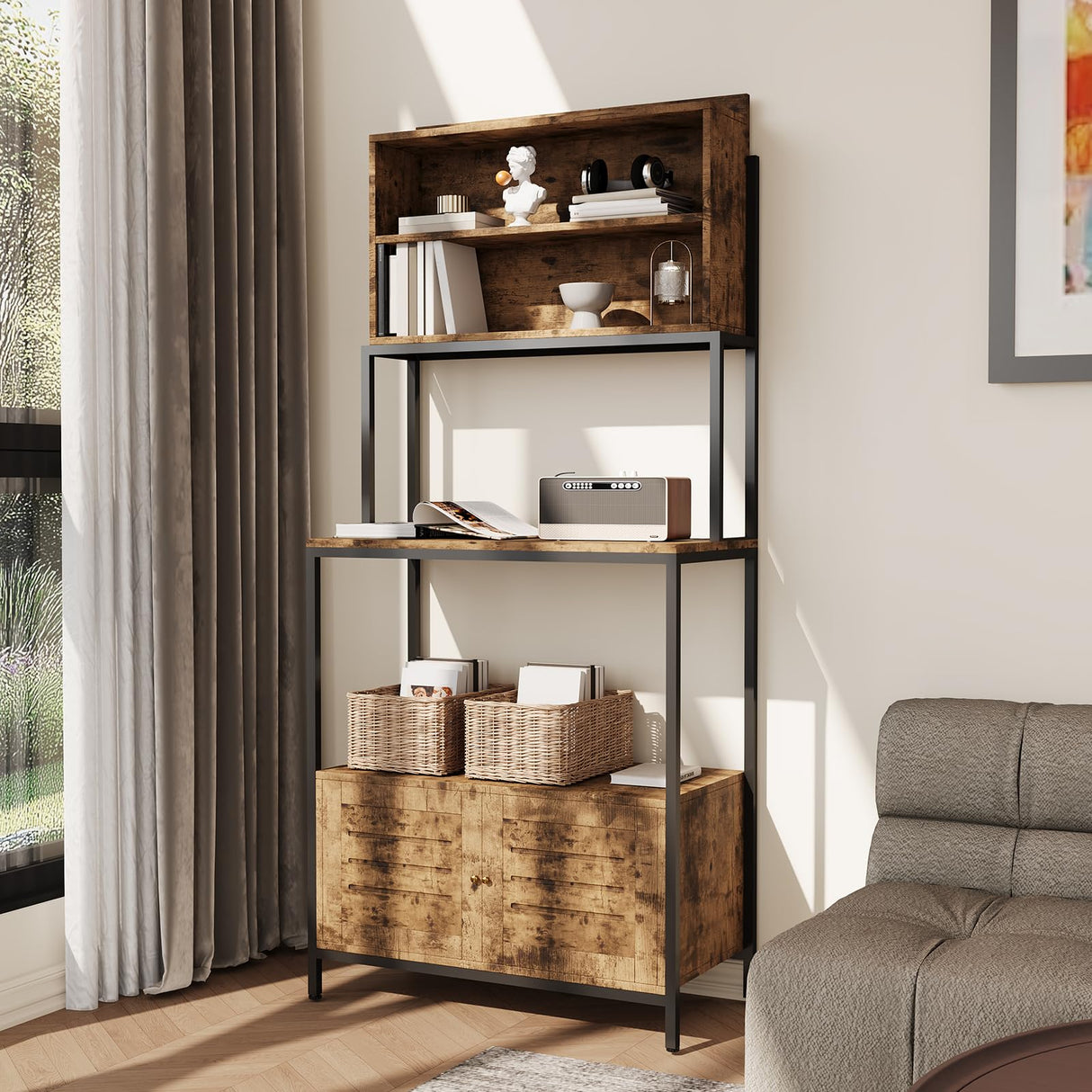 68" Kitchen Bakers Rack with Storage, Freestanding 6-Tier Industrial Coffee Bar Station with Power Outlet, Microwave Stand with Shelves & Cabinet for Pots, Pans, Spices & Kitchen Essentials Mochalight