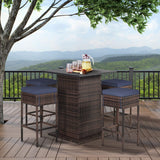 RELAX4LIFE 5-Piece Outdoor Bar Set, Wicker Rattan Bar Height Patio Set w/4 Cushion Bar Stools & Table with Hidden Storage, 5PCS Outdoor High Top Table and Chairs Set for Backyard Poolside (Navy Blue) RELAX4LIFE