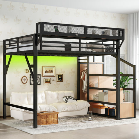 Metal Queen Size Loft Bed with Stairs and Wardrobe,Heavy Duty Loft Bed Frame with LED Lights and Charging Station for for Kids, Teens, Adults, Natural Wood Bellemave