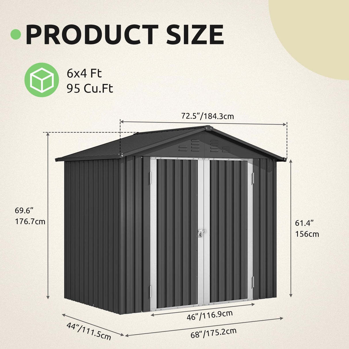 DWVO 6x4ft Storage Shed for Outdoors, Metal Sturdy Weatherproof Tool Locker with Secure Door and Ventilation for Equipment, Mowers, Bikes, Outdoor Spaces, Dark Gray DWVO