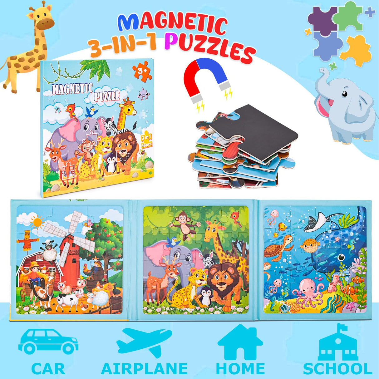 LovesTown Magnetic Puzzles for Toddlers, Travel Puzzle for Kids, Magnetic Puzzle Book for Boys and Girls, Animal Educational Learning Magnet Game for Road Trip LovesTown