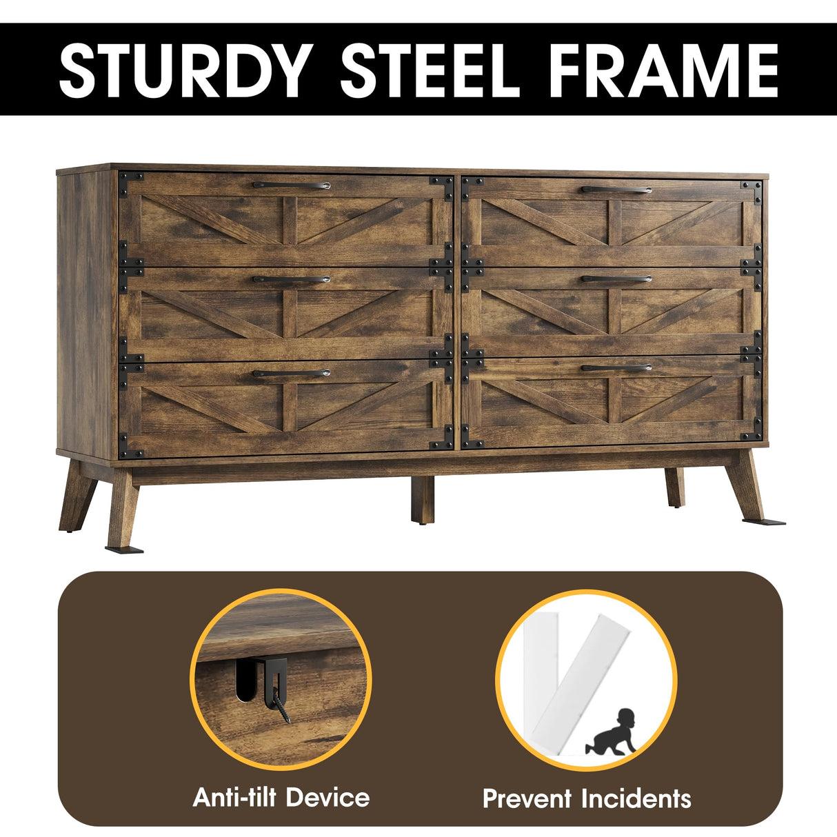 Fameill 59'' Farmhouse 6 Drawers Dresser, Wide Wood Dresser TV Stand, Storage Cabinet with Metal Handles and Generous Storage Space, Dresser for Bedroom, Closet, Hallway, Rustic Brown Fameill