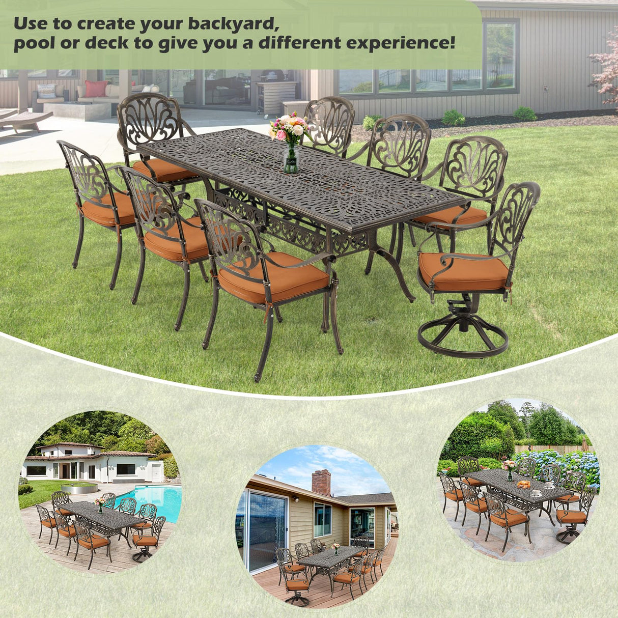 [Hi-End]9-Piece Outdoor Dining Set All Aluminum Patio Table and Chairs Set with 2 Swivel Chair & 6 Patio Chair Outdoor Dining Table Set for 8 Include 86.6’’ Rectangular Patio Table with Umbrella Hole RICHRYCE