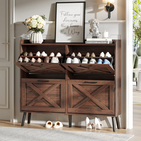 Maupvit Large Shoe Storage Cabinet with 4 Flip Drawers, Narrow Shoe Cabinet for Entryway with Wooden Legs, Freestanding Hidden Shoe Rack Organizer ＆ Metal Hinges, Walnut Maupvit