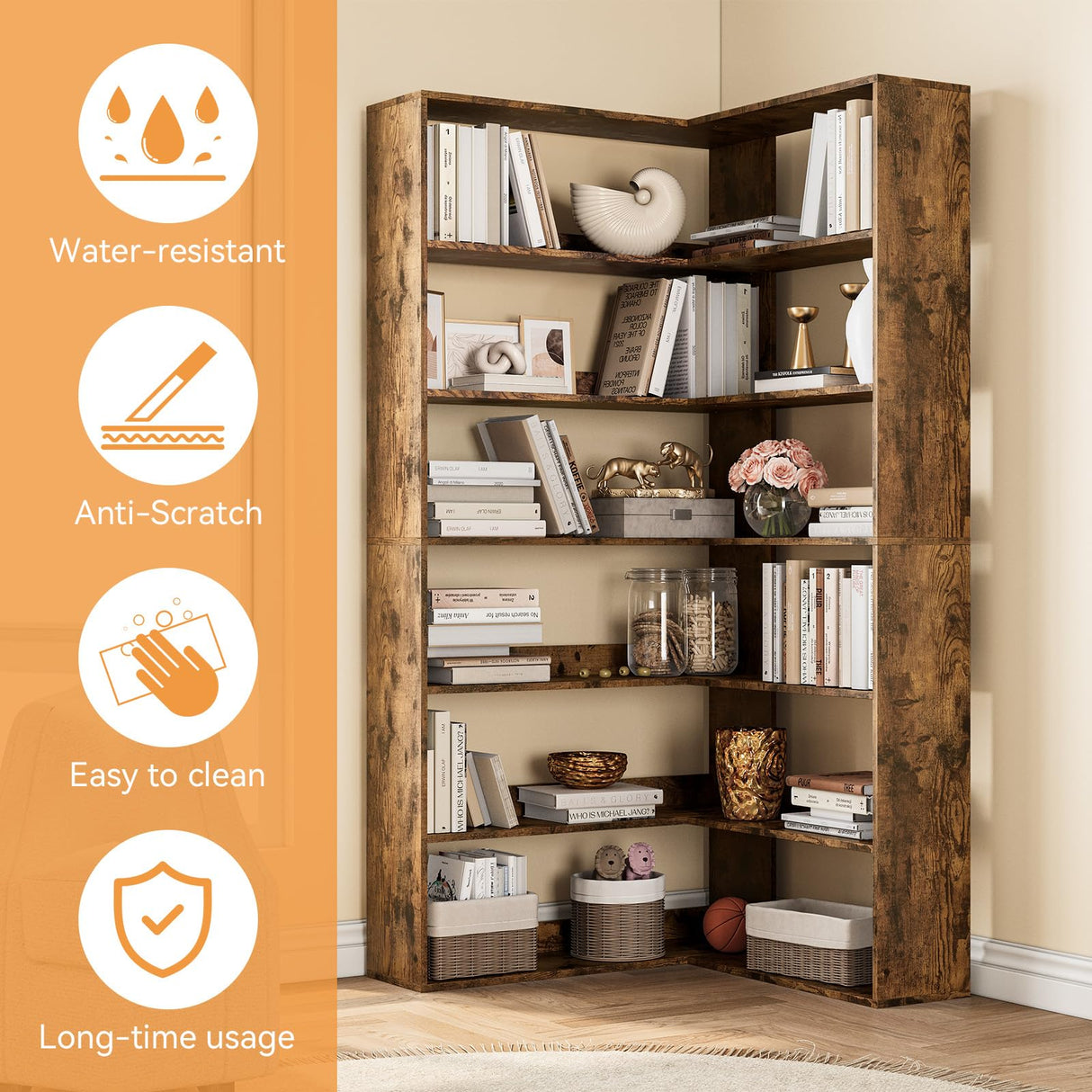 GarveeHome Corner Bookshelf, 6-Tier Corner Shelf l Shaped Bookshelf with Baffles, Wood Bookcase, Display Shelf Heavy Duty Bookcases for Living Room & Home Office Storage GarveeHome