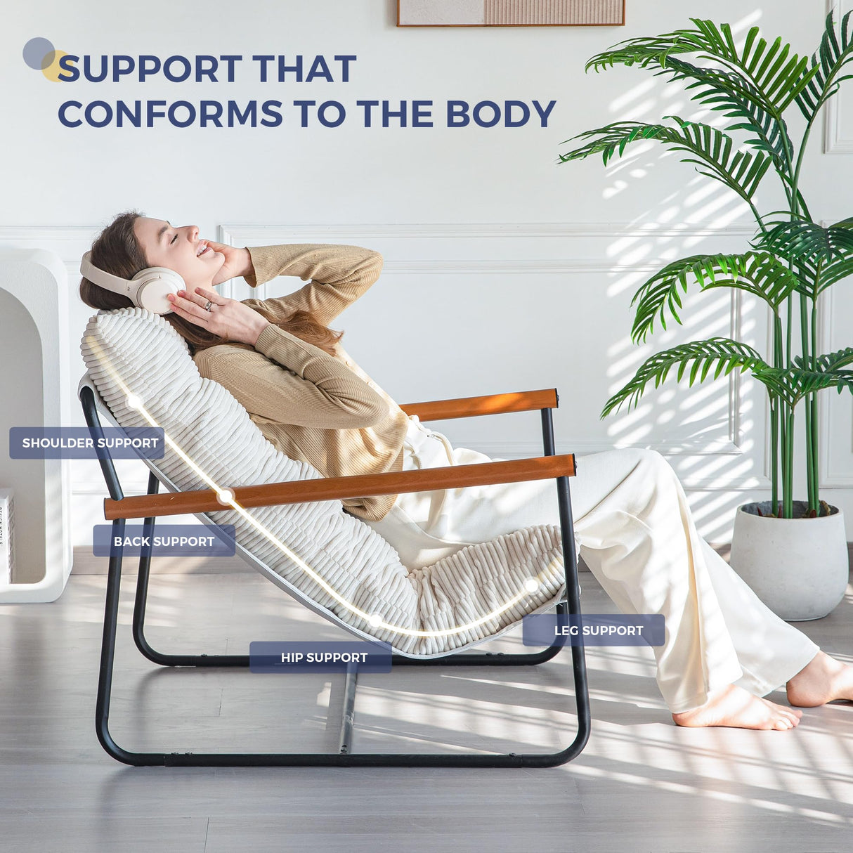 MAXYOYO Modern Accent Chair, Comfy Living Room Chair with Metal Frame Wooden Armrest, Upholstered Armchair with Soft Cushion for Bedroom Balcony Lounge Reading Room, Beige MAXYOYO