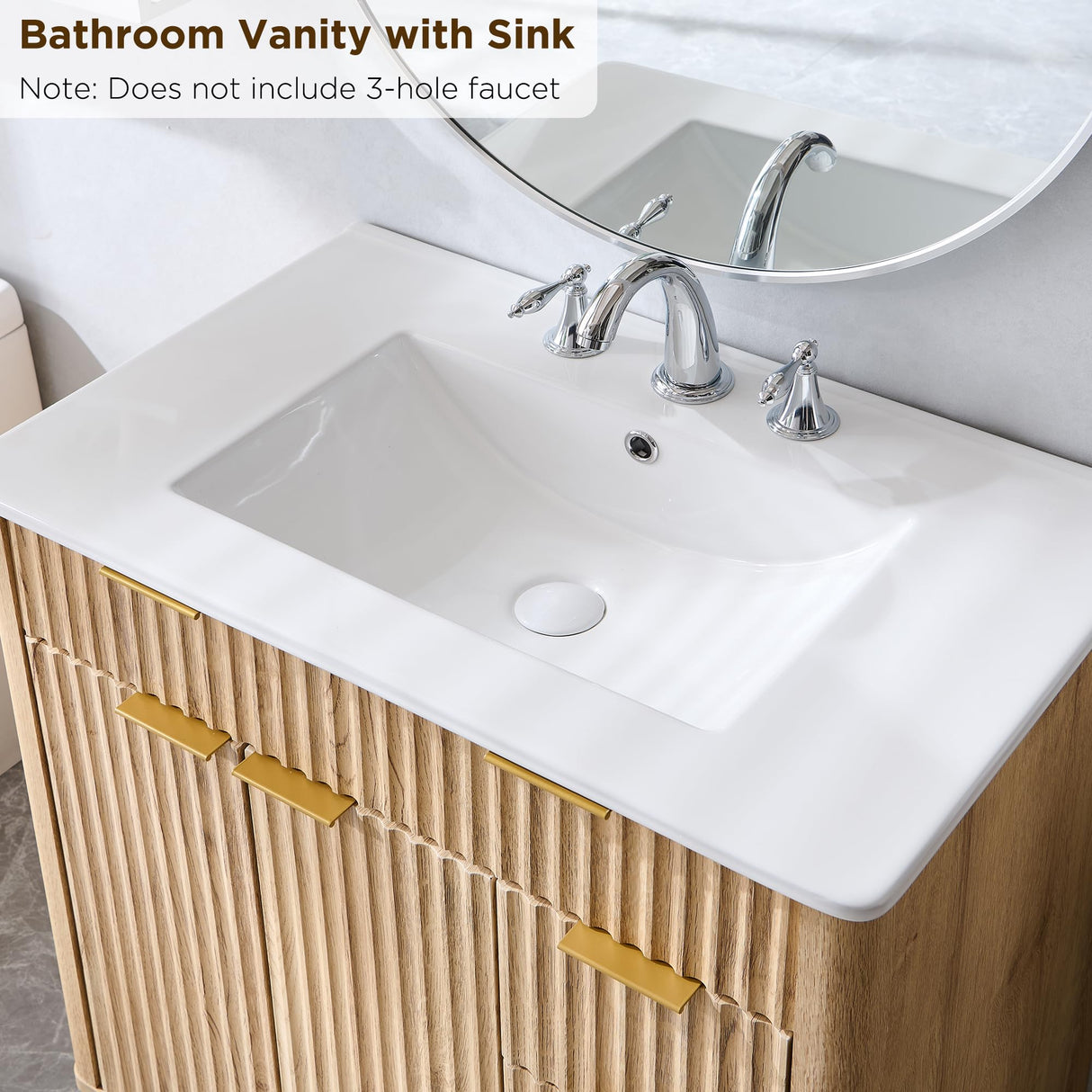 T4TREAM 30" Fluted Bathroom Vanity with Ceramic Sink Combo，Freestanding Modern Bathroom Storage Vanity Cabinet with 2 Soft Closing Doors & 3 Drawers，Wood Grain Texture，Metal Handle，Natural Oak T4TREAM