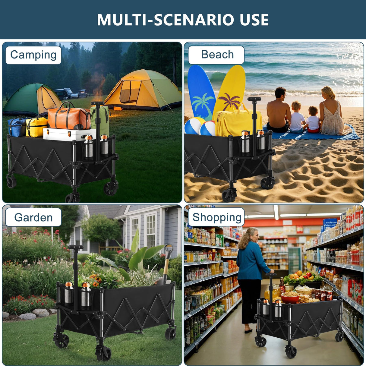 Favoyard Collapsible Wagon Carts Foldable 220L & 360LBS Portable Folding Wagons with All-Terrain Wheels & Brakes Heavy Duty Outdoor Utility Carts for Grocery Camping Shopping Sports Garden Favoyard
