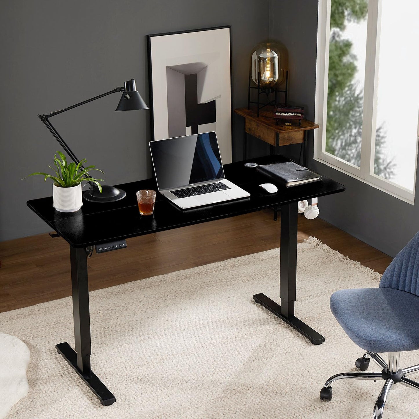 Sweetcrispy Electric Adjustable Height Standing Desk - 55 x 24 inch Sit to Stand Up Desk with Splice Board, Rising Home Office Computer Table with 2 Hook and Wire Hole for Work - WoodArtSupply