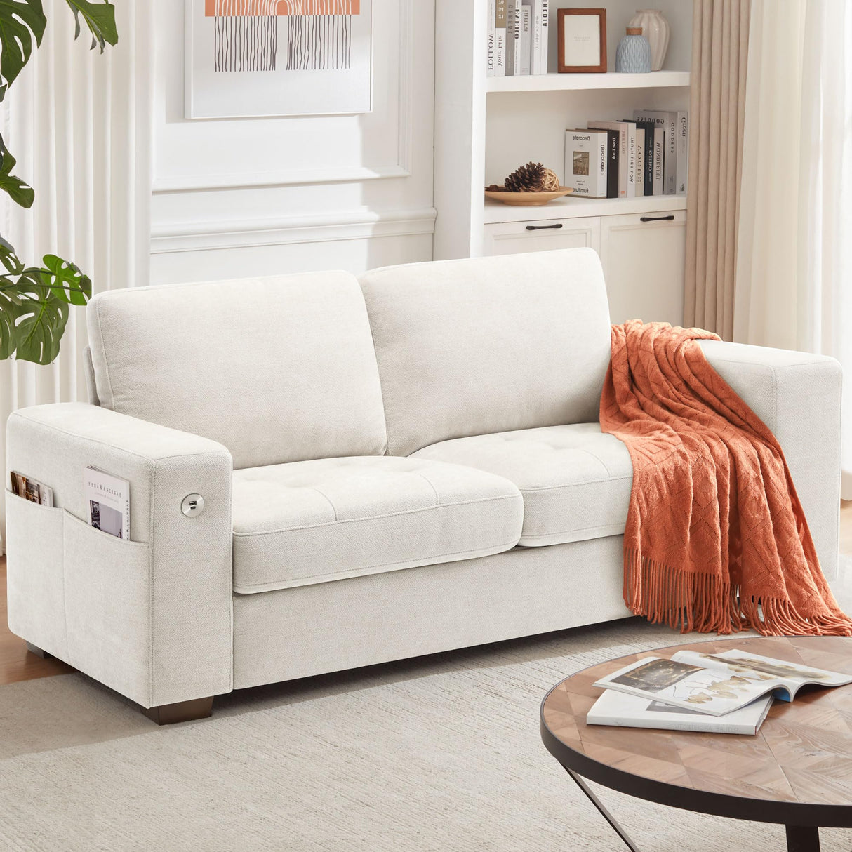 Ihanherry Sofa 70 Inch Loveseat with USB/Type-C Charging Port & Side Pocket, Comfy Modern 2-Seats Sofa for Living Room & Bedroom, Removable Medium Firm Sofa Cushion, Breathable Chenille Fabric, Beige Ihanherry