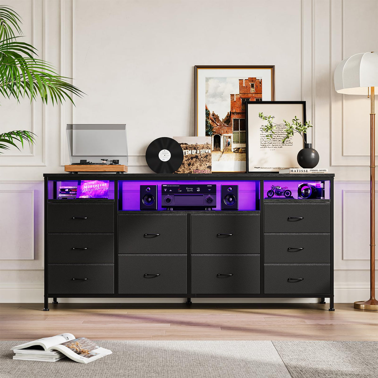 63.3 Inch Black Dresser for Bedroom, 10 Drawer Dresser TV Stand for 65 70 75 Inch TV, Fabric Chest of Drawers with LED Lights & Power Outlets, Long Entertainment Center for Closet, Living Room, Entryw GarveeHome