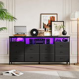63.3 Inch Black Dresser for Bedroom, 10 Drawer Dresser TV Stand for 65 70 75 Inch TV, Fabric Chest of Drawers with LED Lights & Power Outlets, Long Entertainment Center for Closet, Living Room, Entryw GarveeHome