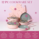 Paris Hilton Epic Nonstick Pots and Pans Set, Multi-layer Nonstick Coating, Tempered Glass Lids, Soft Touch, Stay Cool Handles, Made without PFOA, Dishwasher Safe Cookware Set, 12-Piece, Pink Paris Hilton