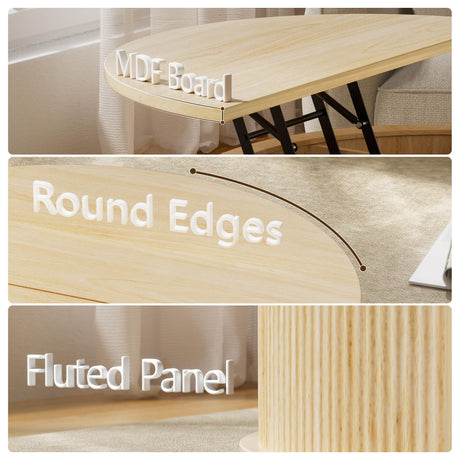 YKVIQBY Round Lift Top Coffee Table, 31.5" Fluted Wood Accent Coffee Table with 180° Curved Sliding Door, Hidden Storage, Mid Century Modern Center Table for Living Room Office Small Spaces, Oak YKVIQBY