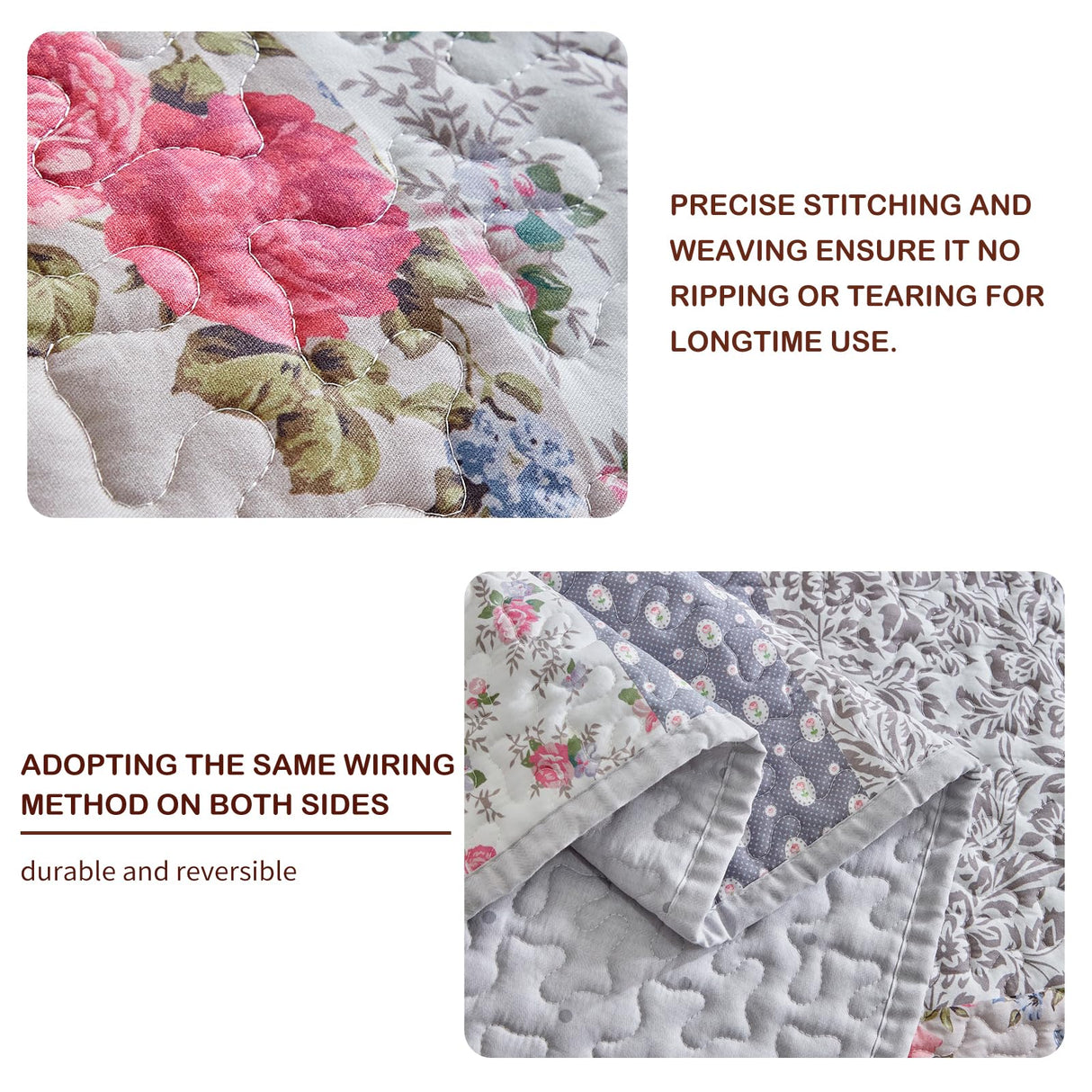 Joyreap Floral Cotton Quilt Set, Neutral Flowers Grid Patchwork Design, 3 Pieces Queen Size Quilt Bedding Set, Farmhouse Countryside Bedspread Bed Cover for All Season- 90x90 inches Joyreap