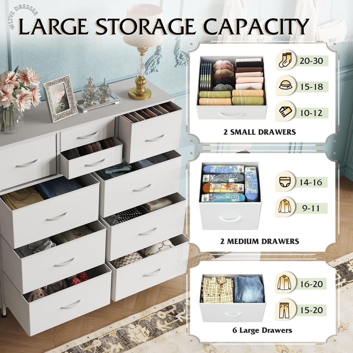WLIVE White Dresser for Bedroom with 10 Drawers, Chest of Drawers with Side Pockets and Hooks, PU Storage Dresser, Sturdy Metal Frame, Drawers Organizer Unit for Living Room, Hallway, Closet WLIVE