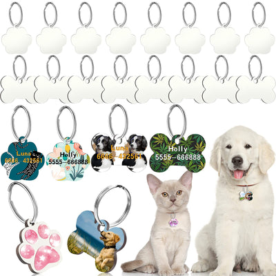 16 Pieces Sublimation Blank Dog Tag Paw Shape Sublimation Dog ID Tags Double Sided Dog Collar Tags with 16 Key Ring MDF Heat Transfer Pet Tag Pendent Blank Craft Pet Tag for Pets(Paw and Bone Style)