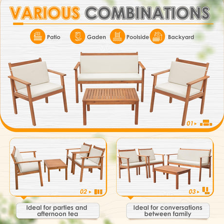 Greesum 4 Piece Bistro Patio Furniture Outdoor Chat Chair Set with Water Resistant Cushions and Coffee Table for Beach Backyard Garden, Acacia Wood Greesum