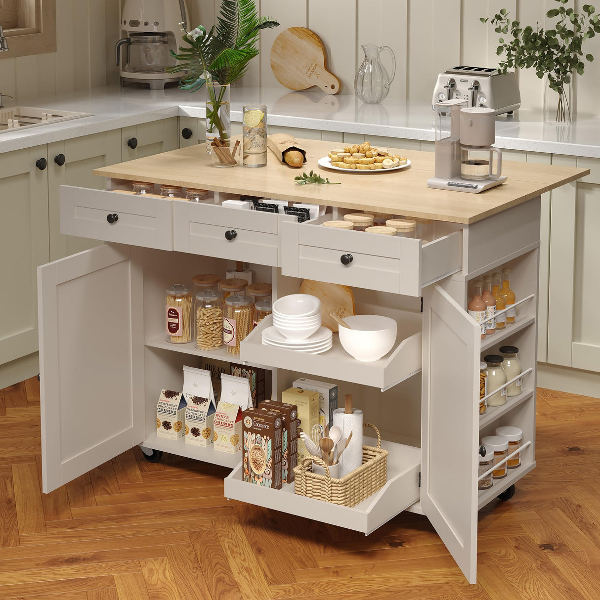 GarveeHome Rolling Kitchen Island Cart with Power Outlet & Drop Leaf, Kitchen Storage Cabinet On Wheels with 3 Drawers, Spice Rack & Towel Rack, Mobile Island Table for Kitchen, Gray GarveeHome