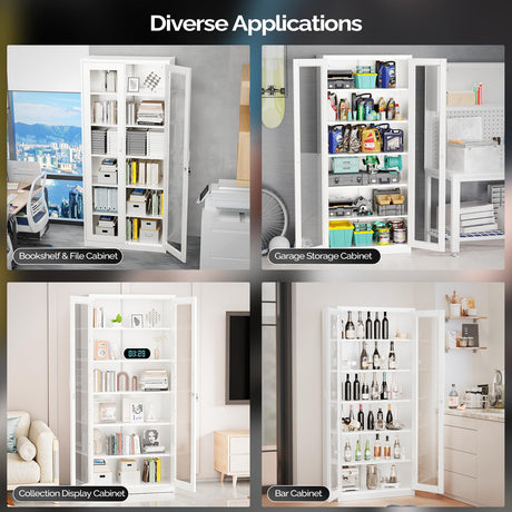 VINGLI Lockable Display Cabinet with Glass Doors & 5 Adjustable Shelves, 71" Tall White Metal Storage Cabinet Curio Liquor, Bookshelf Bookcase for Home Office Living Room Pantry Garage VINGLI