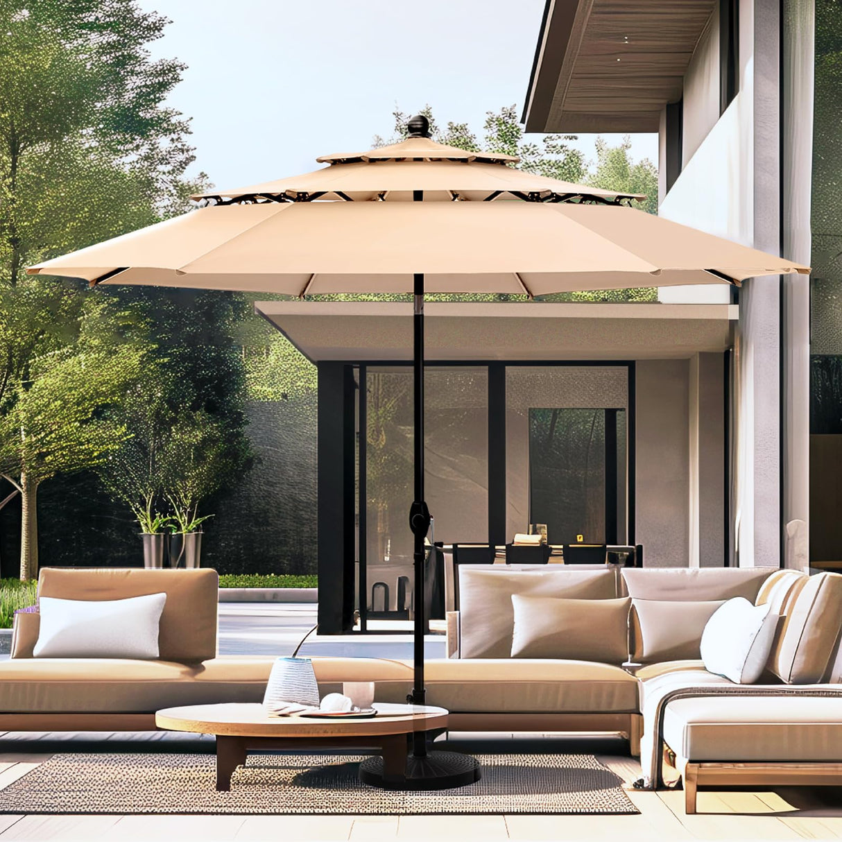 PHI VILLA 10ft Patio Umbrellas, Outdoor 3 Tier Vented Large Market Table Umbrella with 8 Sturdy Ribs and 1.5" Umbrellla Pole for Lawn Poolside Garden Terrace, Beige(No Base) PHI VILLA