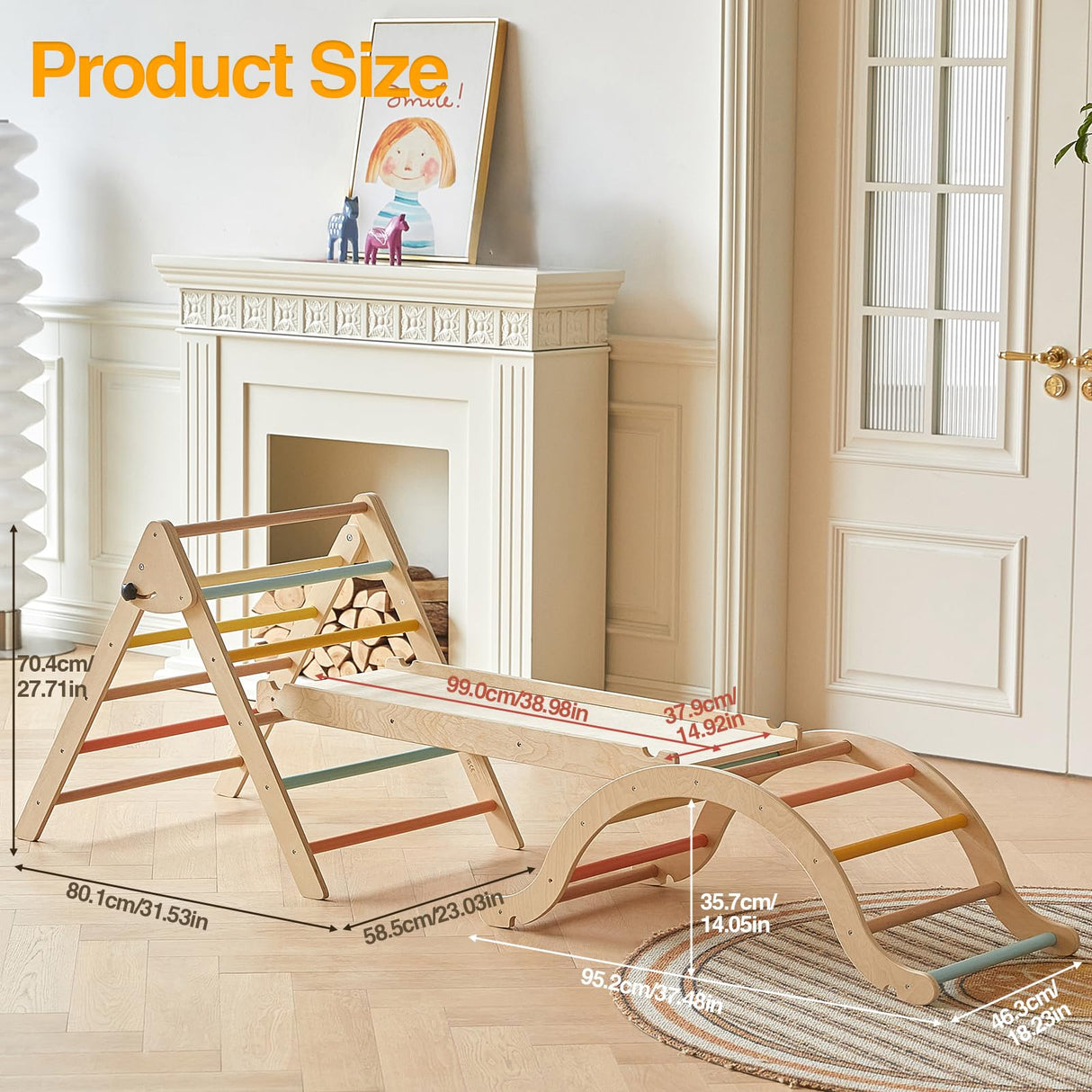 Giant bean Pastel 7 in 1 Pikler Climbing Set with Sliding Ramp & Climbing Arch Ramp, Foldable Wooden Toddler Climbing Toys Indoor,Playground Jungle Gym for Kids Age 2-5, Montessori Climbing Set Giant bean