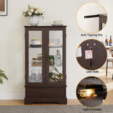 Lighted Glass Cabinet Curio Display Cabinet with Adjustable Glass Shelves 2 Doors and 1 Drawer Farmhouse Buffet Sideboard, Bulb Included, Brown Bituman