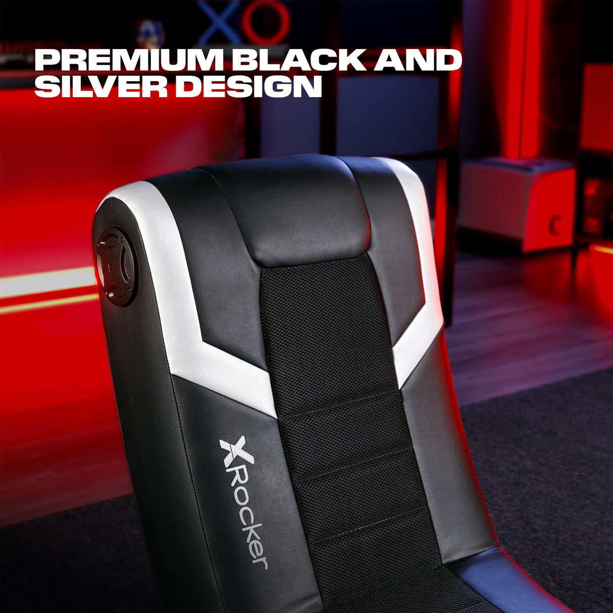X Rocker Eclipse Video Gaming Floor Chair with Built-In Headrest Speakers, Wireless Bluetooth, Foldable, Vegan Leather, 275 lbs Max, Amazon Exclusive, Black and Silver X Rocker