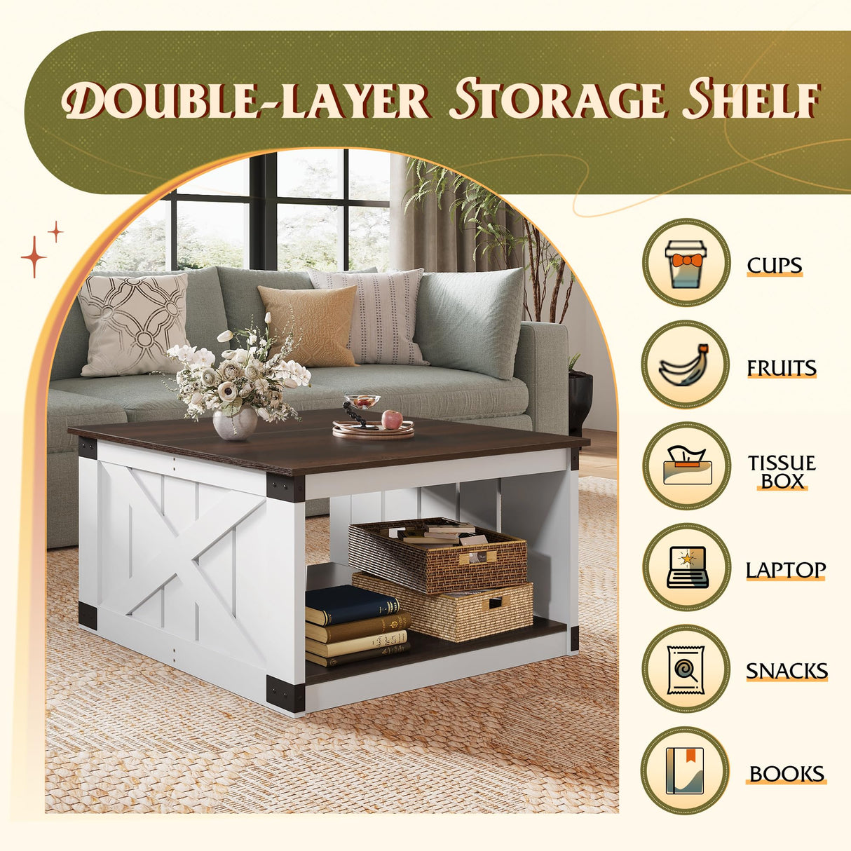 WLIVE Coffee Table, Farmhouse Coffee Table with Open Storage, 31.5" Wood Square Living Room Tables, Rustic Dining Cocktail Center Table for Living Room, Espresso WLIVE