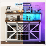 HOMCOM Farmhouse Coffee Bar Cabinet with Smart App Control LED Lights, 55" Wine Bar Cabinet with 12-Bottle Rack, Glass Holder, Kitchen Sideboard Buffet with Sliding Mesh Doors, Distressed White HOMCOM