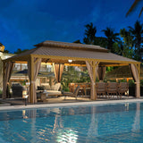 MELLCOM 12' x 24' Gazebo, Hardtop Gazebo Wood-Looking Gazebo with Galvanized Steel Double Roof, Aluminum Frame, Outdoor Patio Hardtop Gazebo with Netting and Curtains for Deck, Backyard, Patio, Lawns MELLCOM