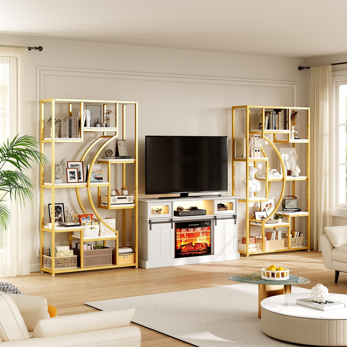 5 Tier Large Gold Bookshelf, 70.9" Tall Bookcase with 18 Open Shelves, Industrial Modern Book Shelf for Living Room, Office, Bedroom Storage Display, Set of 2 LGHM