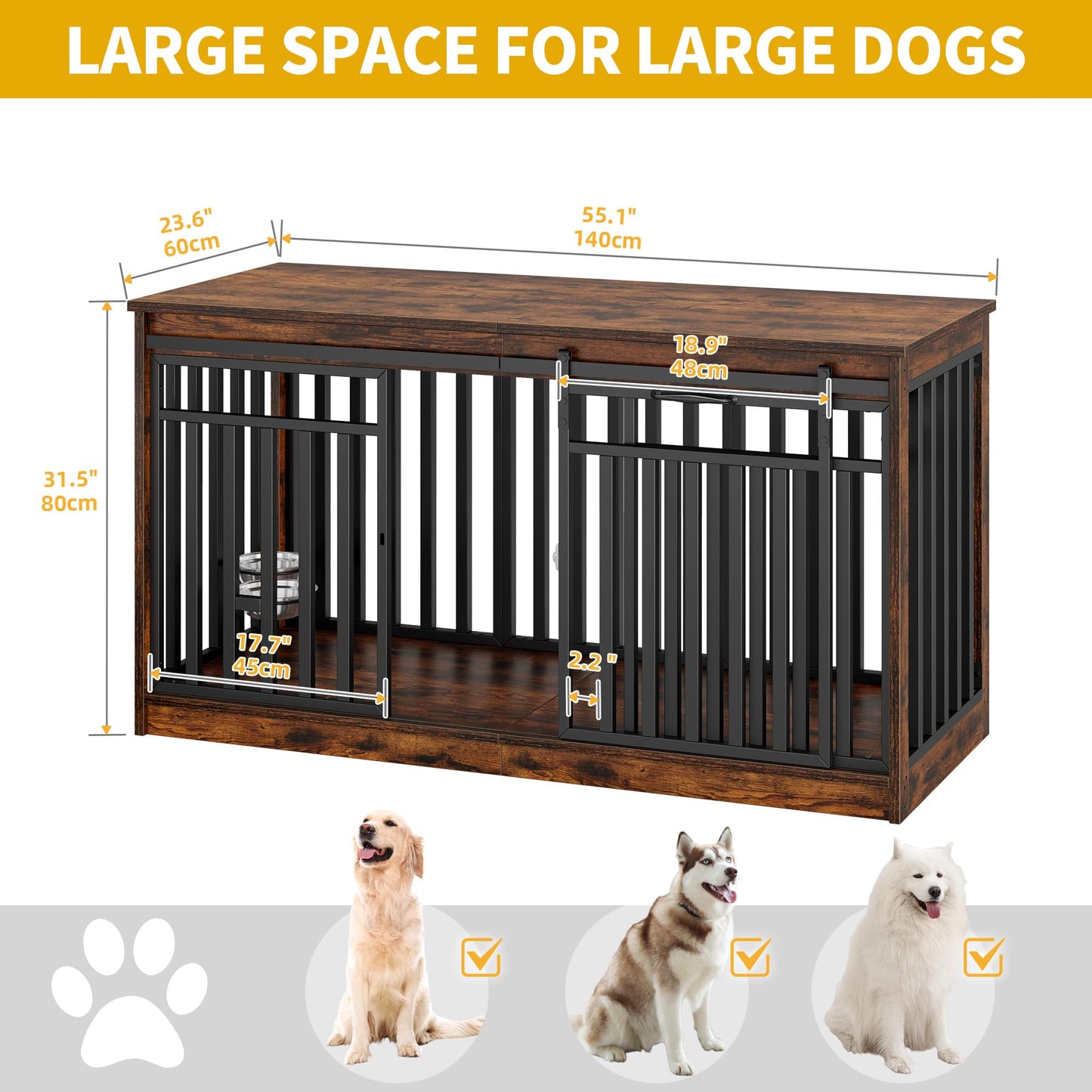 DWVO 55" Extra Large Dog Crate Furniture, Heavy Duty Metal Dog Kennel TV Stand with Sliding Door, Wooden Dog Cage Table with Dog Bowl for Extra Large Medium Dogs or 2 Small Dogs, Rustic Brown