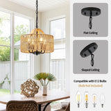 ZSDHXi Rattan Pendant Light Fixtures, 4-Light Boho Chandelier with Woven Drum Shade, Farmhouse Dining Room Ceiling Hanging Lamp, Small Wicker Coastal Pendant Lighting for Kitchen Island Hallway ZSDHXi