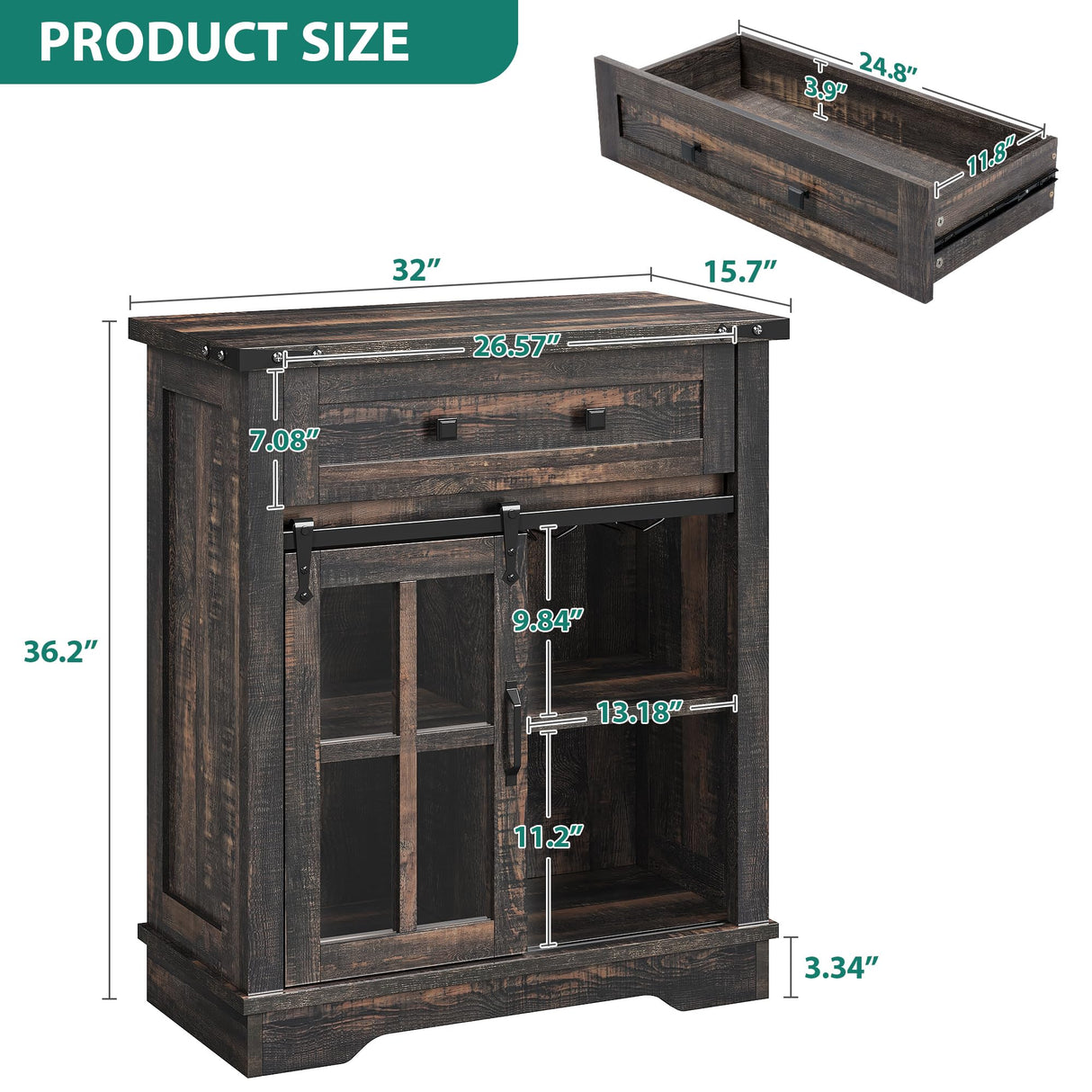 YITAHOME 32" Sideboard Coffee Bar Cabinet, Farmhouse Buffet Cabinet with Drawer & Adjustable Storage Shelves, Storage Cabinet with Sliding Barn Door for Living Room, Dark Rustic Oak YITAHOME