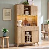 OKD 72" Tall Wine Bar Cabinet with Storage Hutch, Modern Wood Fluted Coffee Bar Cabinet with LED Lights and 10 Tier Storage Shelf & 9 Grid Wine Glass Rack for Home Dining Room Kitchen (Natural Oak) OKD