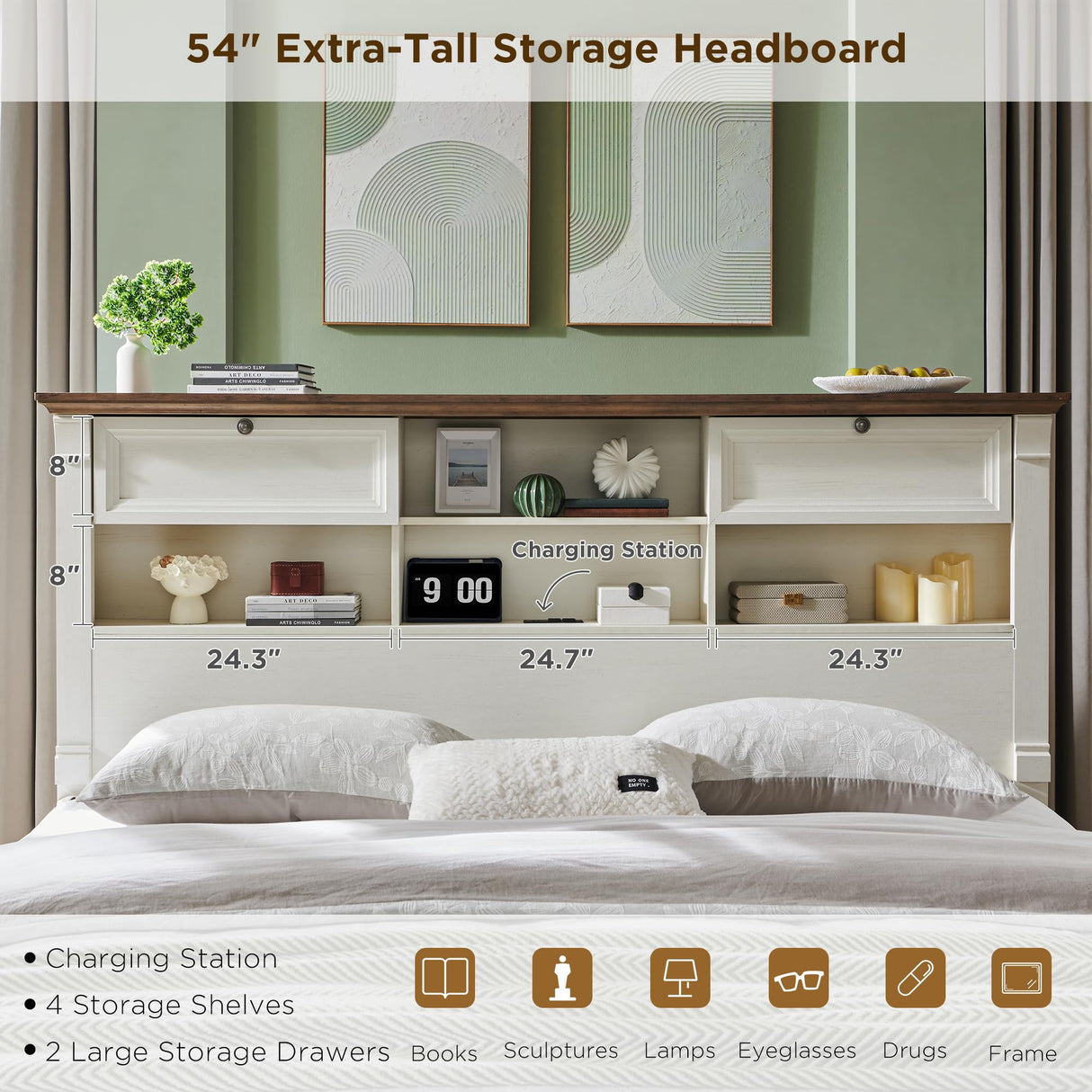 T4TREAM Farmhouse King Size Bed Frame with 54" Tall Headboard, Wood Platform Bed Frame with 18" Tall Roman Column Decoration Footboard & 2 Large Storage Drawers, No Box Spring Needed(Antique White) T4TREAM