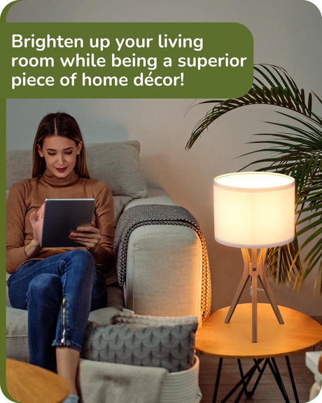 EDISHINE Modern Tripod Table Lamp, 17.5" Bedside Lamp with Natural Wood Light Legs & White Linen Lampshade, Nightstand Lamp for Bedroom, Living Room, Reading Room, E26 Base EDISHINE