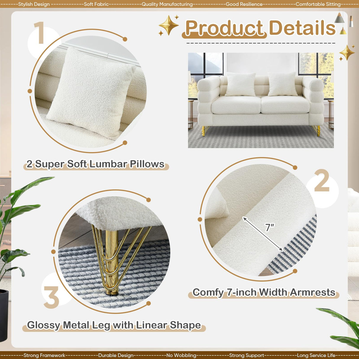 Comfy Loveseat Sofa, 60-inch 2 Seater Boucle Couch with Deep Seat Design, Upholstered Love Seat with 2 Pillows, Modern Living Room Sofa with Stylish Metal Legs for Office, Waiting Room, White Teddy KINFFICT