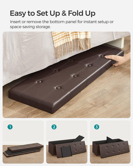 SONGMICS 43 Inches Folding Storage Ottoman Bench, Storage Chest, Footrest, Coffee Table, Padded Seat, Faux Leather, Holds up to 660 lb, Brown ULSF703, L(15 x 43 x 15 Inches) SONGMICS